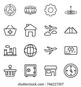 thin line icon set : target audience, team, gear, add to basket, home, journey, pyramid, city, globe, plane, credit card, safe, shop, watch