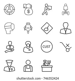 thin line icon set : target audience, money gift, courier, hoverboard, virtual mask, jet robot, under construction, client, support manager, customs, do not trolley sign, security man, workman