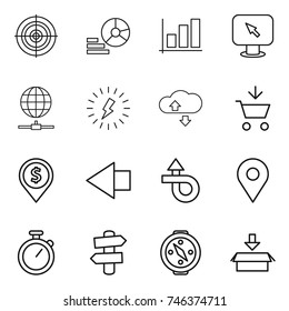 thin line icon set : target, diagram, graph, monitor arrow, globe connect, lightning, cloude service, add to cart, dollar pin, left, trip, geo, stopwatch, signpost, compass, package