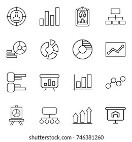 thin line icon set : target audience, graph, report, hierarchy, diagram, circle, statistics, presentation, structure, up