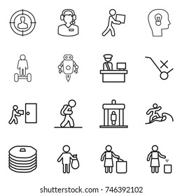 thin line icon set : target audience, call center, courier, bulb head, hoverboard, jet robot, customs control, do not trolley sign, delivery, tourist, detector, surfer, pancakes, trash, garbage bin