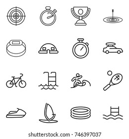 thin line icon set : target, stopwatch, trophy, smart bracelet, dome house, car baggage, bike, pool, surfer, tennis, jet ski, windsurfing, inflatable