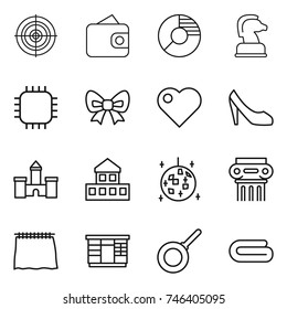 thin line icon set : target, wallet, circle diagram, chess horse, chip, bow, heart, shoes, castle, cottage, disco ball, antique column, curtain, wardrobe, pan, towel