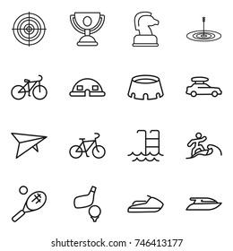 thin line icon set : target, trophy, chess horse, bike, dome house, stadium, car baggage, deltaplane, pool, surfer, tennis, golf, jet ski, yacht