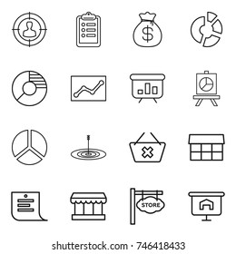 thin line icon set : target audience, clipboard, money bag, circle diagram, statistics, presentation, delete cart, market, shopping list, store signboard