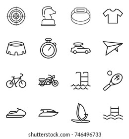 thin line icon set : target, chess horse, smart bracelet, t shirt, stadium, stopwatch, car baggage, deltaplane, bike, motorcycle, pool, tennis, jet ski, yacht, windsurfing