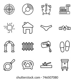 thin line icon set : target, circle diagram, alarm clock, cashbox, chip, home, underpants, drawbridge, arch, radiator, mixer, slippers, pan, pretzel, soil cutter, hive