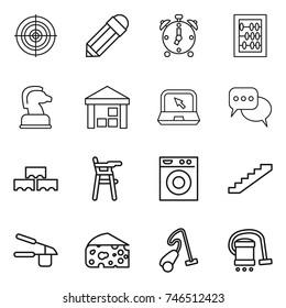 thin line icon set : target, pencil, alarm clock, abacus, chess horse, warehouse, notebook, discussion, block wall, Chair for babies, washing machine, stairs, garlic clasp, cheese, vacuum cleaner