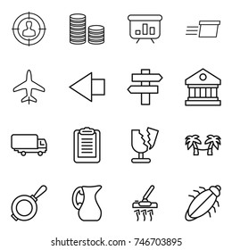 thin line icon set : target audience, coin stack, presentation, delivery, plane, left arrow, singlepost, library, shipping, clipboard, broken, palm hammock, pan, jug, vacuum cleaner, bug