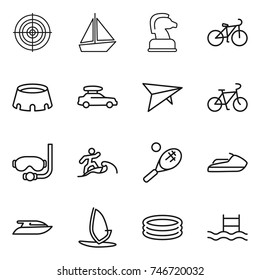 thin line icon set : target, boat, chess horse, bike, stadium, car baggage, deltaplane, diving mask, surfer, tennis, jet ski, yacht, windsurfing, inflatable pool