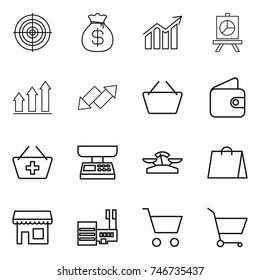 thin line icon set : target, money bag, diagram, presentation, graph up, down arrow, basket, wallet, add to, market scales, shopping, shop, mall, cart