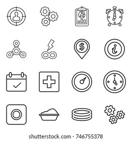 thin line icon set : target audience, gear, report, alarm clock, spinner, infinity power, dollar pin, info, terms, first aid, barometer, watch, ring button, washing, inflatable pool, gears
