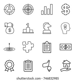 thin line icon set : target audience, graph, dollar, money gift, pedestal, chess horse, bulb head, puzzle, clipboard, medal, golf, housing
