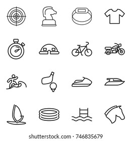 thin line icon set : target, chess horse, smart bracelet, t shirt, stopwatch, dome house, bike, motorcycle, surfer, golf, jet ski, yacht, windsurfing, inflatable pool
