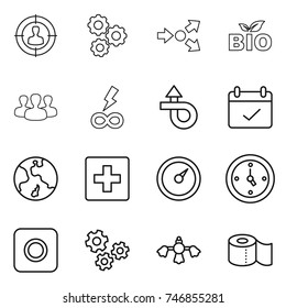 thin line icon set : target audience, gear, core splitting, bio, group, infinity power, trip, terms, earth, first aid, barometer, watch, ring button, gears, hard reach place cleaning, toilet paper