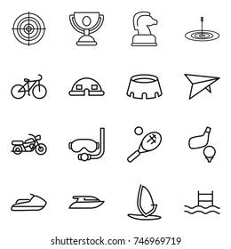 thin line icon set : target, trophy, chess horse, bike, dome house, stadium, deltaplane, motorcycle, diving mask, tennis, golf, jet ski, yacht, windsurfing, pool