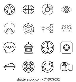 thin line icon set : target audience, globe, circle diagram, eye, around gear, core splitting, group, balloon, goverment house, watch, ring button, washing, wheel, reload, toilet paper