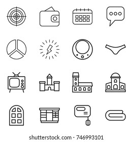 thin line icon set : target, wallet, calendar, message, diagram, lightning, necklace, underpants, tv, castle, mansion, arch window, wardrobe, mixer, towel