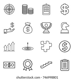 thin line icon set : target, coin stack, clipboard, dollar, investment, money bag, trophy, chess horse, graph up, puzzle, medal, stairs