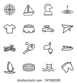 thin line icon set : target, boat, chess horse, t shirt, stadium, car baggage, deltaplane, motorcycle, tennis, golf, yacht, windsurfing, inflatable pool
