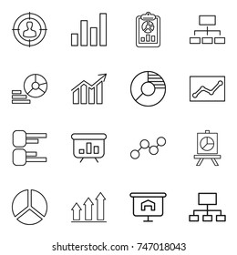 thin line icon set : target audience, graph, report, hierarchy, diagram, circle, statistics, presentation, up