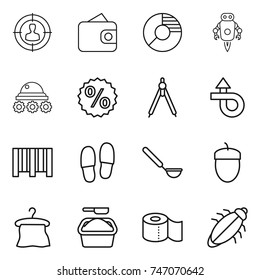 thin line icon set : target audience, wallet, circle diagram, jet robot, lunar rover, percent, drawing compasses, trip, bar code, slippers, ladle, acorn, hanger, washing powder, toilet paper, bug