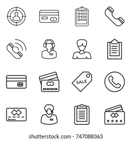 thin line icon set : target audience, card, clipboard, phone, call, center, woman, credit, sale label, support manager