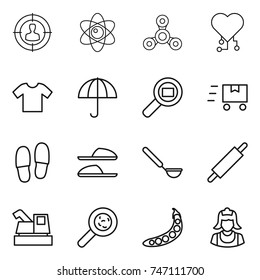 thin line icon set : target audience, atom, spinner, cardio chip, t shirt, dry cargo, search, fast deliver, slippers, ladle, rolling pin, harvester, viruses, peas, cleaner