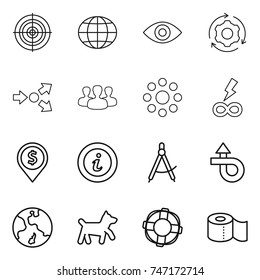 thin line icon set : target, globe, eye, around gear, core splitting, group, round, infinity power, dollar pin, info, draw compass, trip, earth, dog, lifebuoy, toilet paper