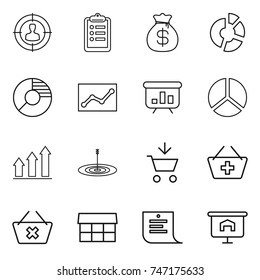 thin line icon set : target audience, clipboard, money bag, circle diagram, statistics, presentation, graph up, add to cart, basket, delete, market, shopping list