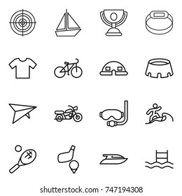 thin line icon set : target, boat, trophy, smart bracelet, t shirt, bike, dome house, stadium, deltaplane, motorcycle, diving mask, surfer, tennis, golf, yacht, pool
