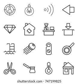 thin line icon set : target audience, rocket, wireless, left arrow, diamond, smart house, customs control, package, pool, jellyfish, do not distrub, pan, scissors, turk, thermometer