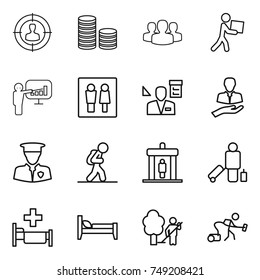 thin line icon set : target audience, coin stack, group, courier, presentation, wc, architector, client, security man, tourist, detector, passenger, hospital, bed, garden cleaning, vacuum cleaner