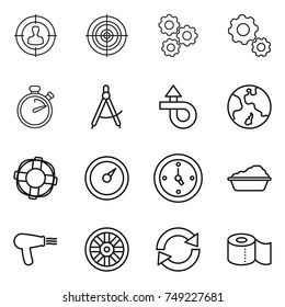 thin line icon set : target audience, gear, stopwatch, draw compass, trip, earth, lifebuoy, barometer, watch, washing, hair dryer, wheel, reload, toilet paper