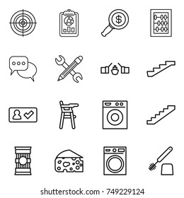 thin line icon set : target, report, dollar magnifier, abacus, discussion, pencil wrench, drawbridge, stairs, check in, Chair for babies, washing machine, pasta, cheese, toilet brush