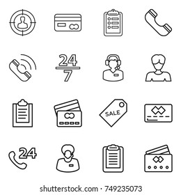 thin line icon set : target audience, card, clipboard, phone, call, 24 7, center, woman, credit, sale label, support manager