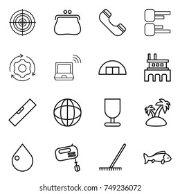 thin line icon set : target, purse, phone, diagram, around gear, notebook wireless, hangare, factory, level, globe, fragile, island, drop, mixer, rake, fish