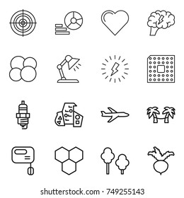 thin line icon set : target, diagram, heart, brain, atom core, table lamp, lightning, cpu, spark plug, modern architecture, plane, palm hammock, mixer, honeycombs, trees, beet