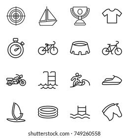 thin line icon set : target, boat, trophy, t shirt, stopwatch, bike, stadium, motorcycle, pool, surfer, jet ski, windsurfing, inflatable, horse