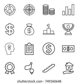 thin line icon set : target audience, coin stack, graph, dollar, money bag, pedestal, trophy, bulb head, clipboard, medal, golf, stairs, housing