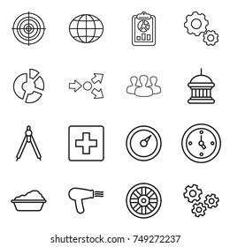 thin line icon set : target, globe, report, gear, circle diagram, core splitting, group, goverment house, drawing compasses, first aid, barometer, watch, washing, hair dryer, wheel, gears