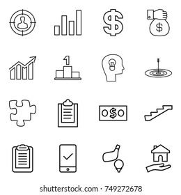 thin line icon set : target audience, graph, dollar, money gift, diagram, pedestal, bulb head, puzzle, clipboard, stairs, mobile checking, golf, housing