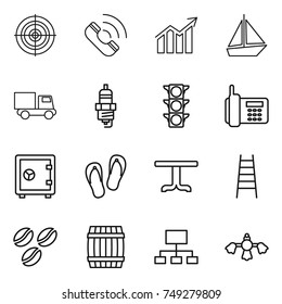 thin line icon set : target, call, diagram, boat, truck, spark plug, traffic light, phone, safe, flip flops, table, stairs, coffee seeds, barrel, hierarchy, hard reach place cleaning