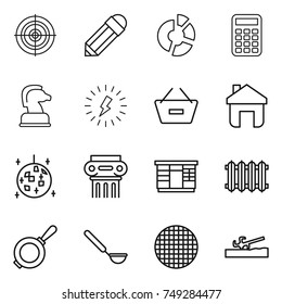 thin line icon set : target, pencil, circle diagram, calculator, chess horse, lightning, remove from basket, home, disco ball, antique column, wardrobe, radiator, pan, ladle, sieve, soil cutter