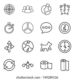 thin line icon set : target, group, circle diagram, alarm clock, stopwatch, balloon, info, route, earth, dog, watch, reload, hard reach place cleaning, toilet paper, towel