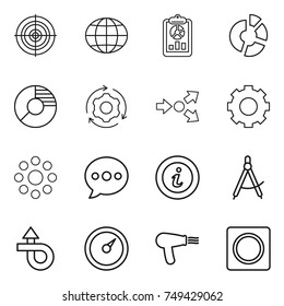 thin line icon set : target, globe, report, circle diagram, around gear, core splitting, round, balloon, info, draw compass, trip, barometer, hair dryer, ring button