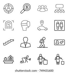 thin line icon set : target audience, dollar magnifier, group, structure, fingerprint, virtual mask, car pointer, wc, stairs, client, tourist, check in, baggage checking, vacuum cleaner, garbage bin