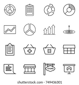 thin line icon set : target audience, clipboard, circle diagram, statistics, graph up, add to basket, delete cart, market, shopping list, store signboard, presentation