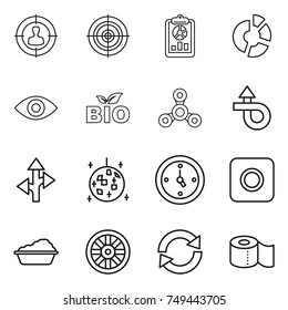 thin line icon set : target audience, report, circle diagram, eye, bio, spinner, trip, route, disco ball, watch, ring button, washing, wheel, reload, toilet paper