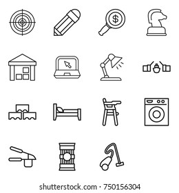 thin line icon set : target, pencil, dollar magnifier, chess horse, warehouse, notebook, table lamp, drawbridge, block wall, bed, Chair for babies, washing machine, garlic clasp, pasta